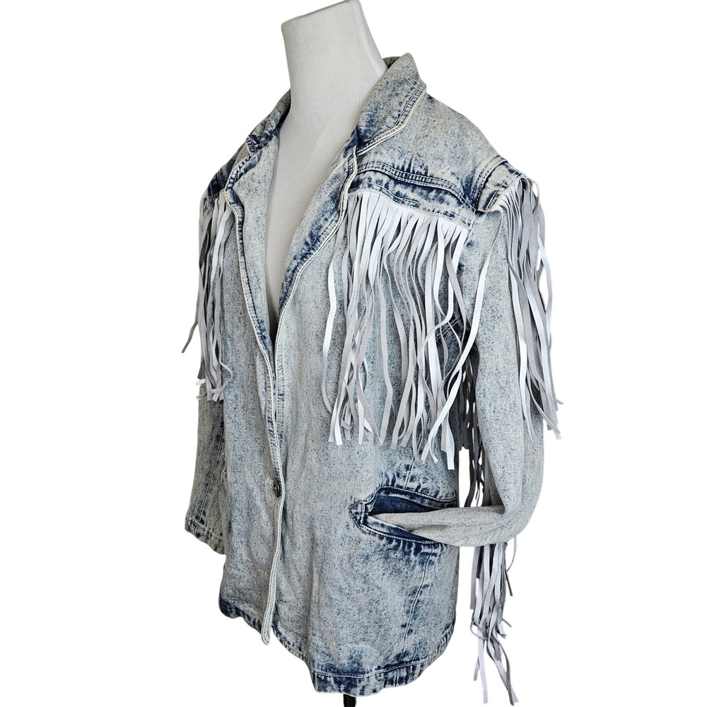 Sergio Valente acid-washed blue‎ denim jacket white leather fringe trim, size S - Picture 4 of 7